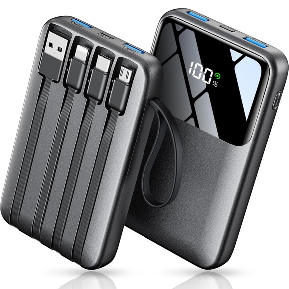 Black Portable Power Bank with Built-in Cables